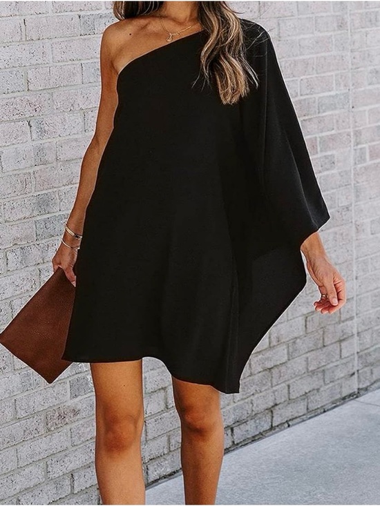 Dresses & Skirts - Women’s One Shoulder Ruffled Draped Cocktail Mini Dress – Black | Size Large